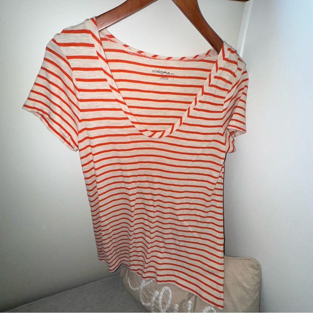 Halogen orange & cream striped, v-neck, short sleeve Tee